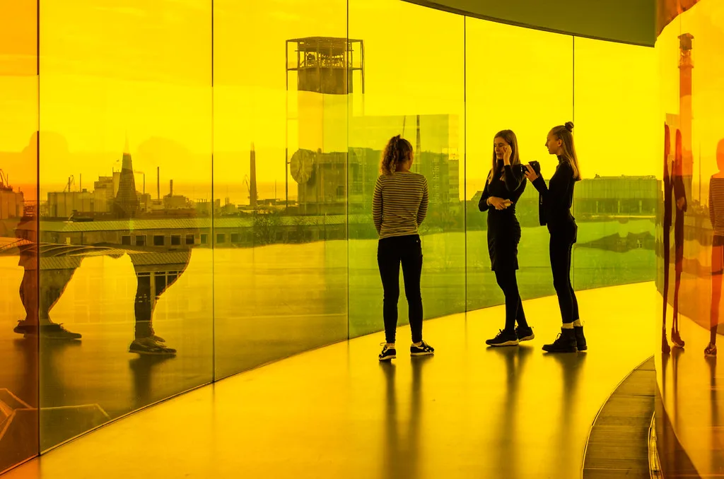 Colorful glass walkway of ARoS Rainbow Panorama in Aarhus, Denmark