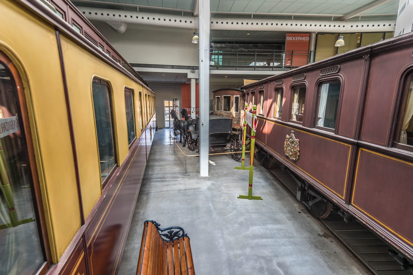 Historic locomotives and railway cars at Odense Railway Museum in Denmark
