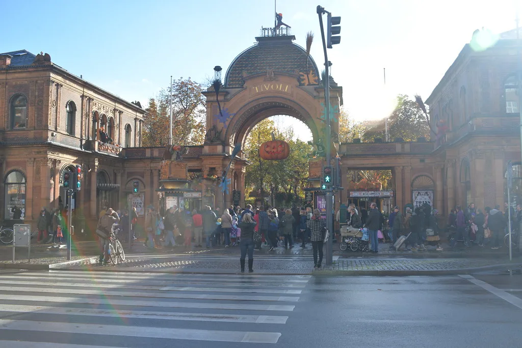 Tivoli Gardens decorated with pumpkins and autumn lighting during Halloween season