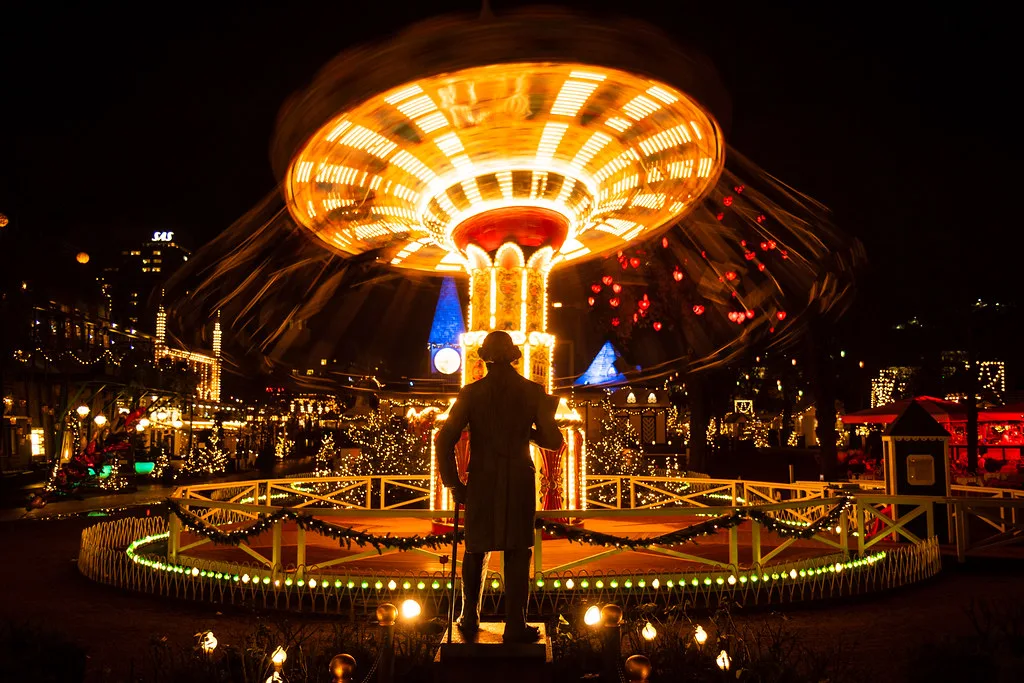 Tivoli Gardens illuminated with millions of lights during Christmas season in Copenhagen